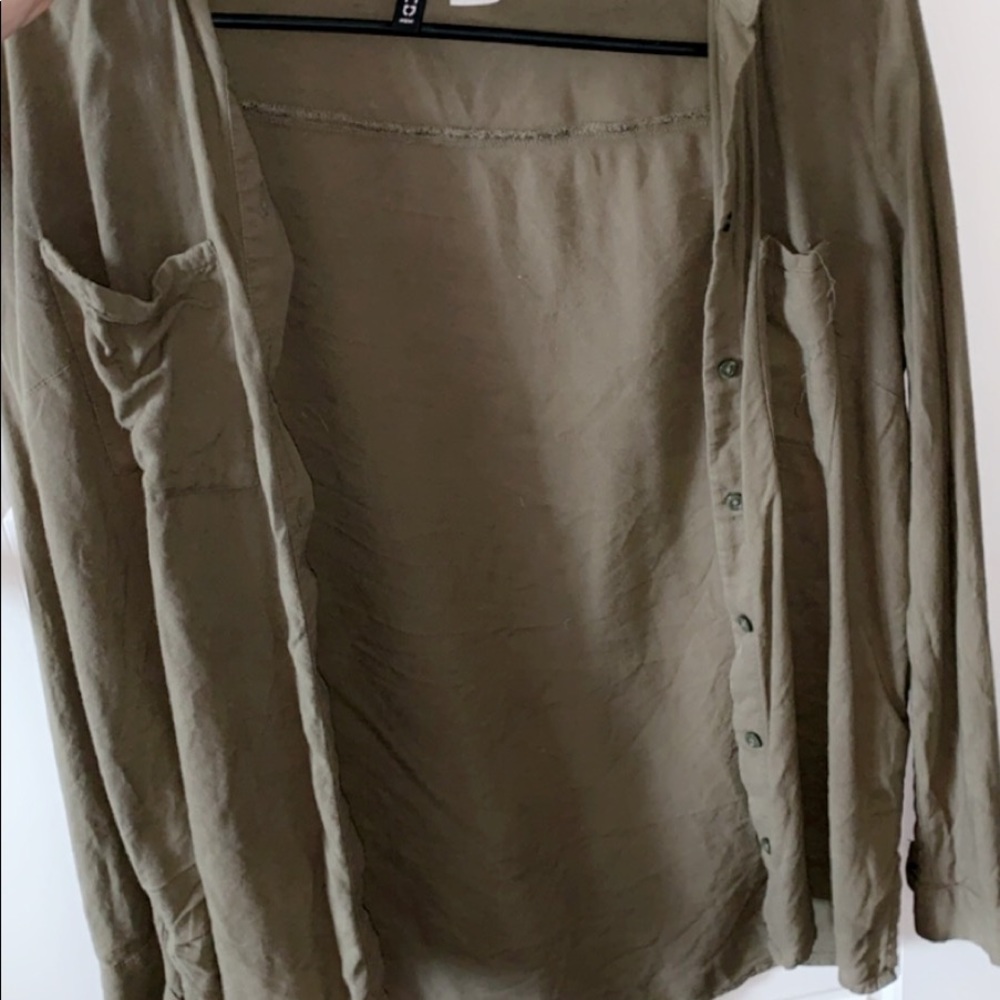 Button-down olive green blouse.